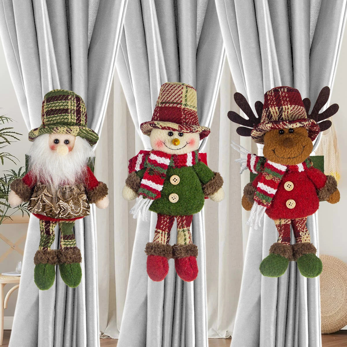 Ganchos Decorativos de Natal para Cortinas - Boneco de Neve, Rena e Pai Natal