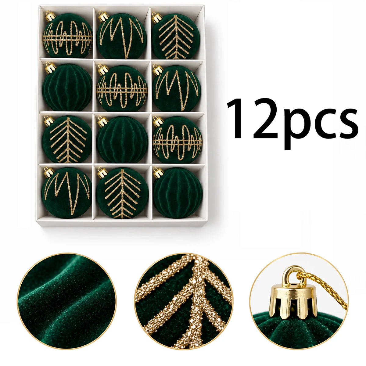 Conjunto de 12 Bolas de Natal em Veludo Verde Esmeralda e Dourado - 6 cm