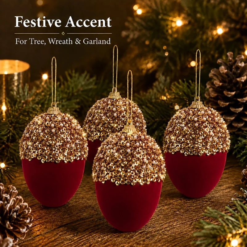 Conjunto de 4 Bolas de Natal Bordô com Brilho e Coroa Decorativo