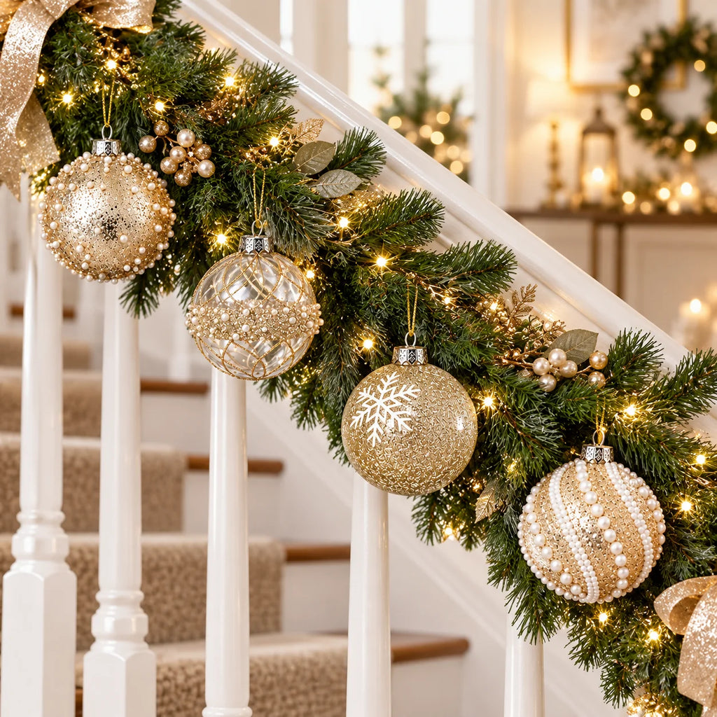 Conjunto de 12 Bolas de Natal Dourado Champanhe - 4 Estilos