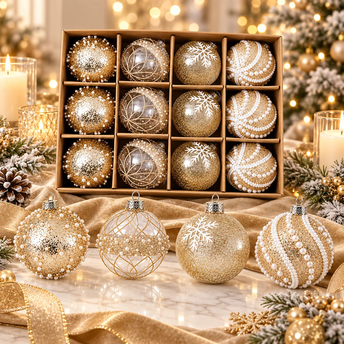 Conjunto de 12 Bolas de Natal Dourado Champanhe - 4 Estilos