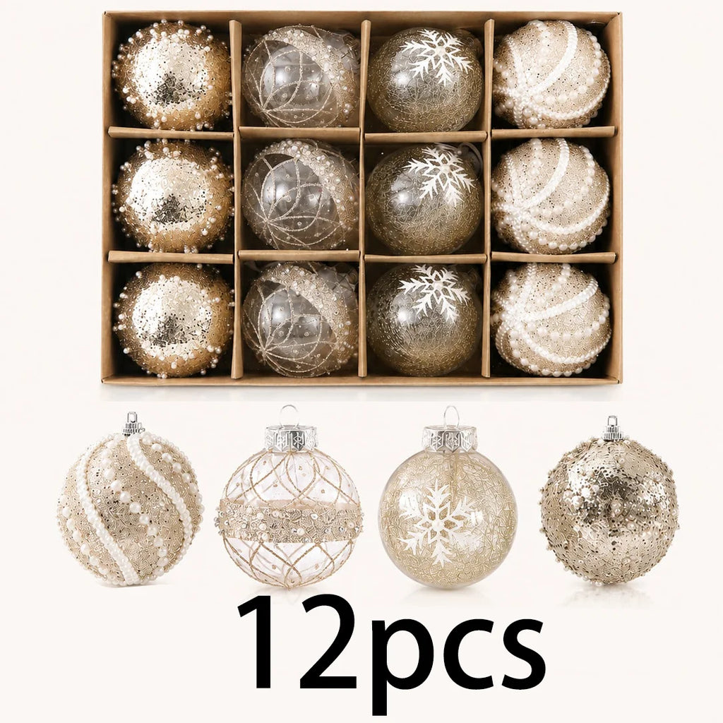 Conjunto de 12 Bolas de Natal Dourado Champanhe - 4 Estilos