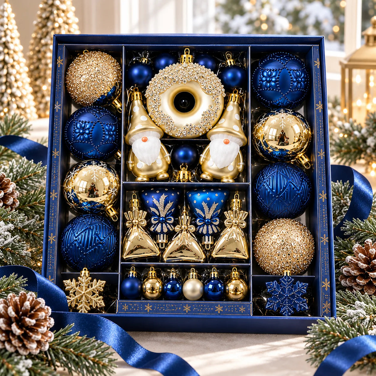 Conjunto de 60 Enfeites de Natal Azul e Dourado para Àrvore
