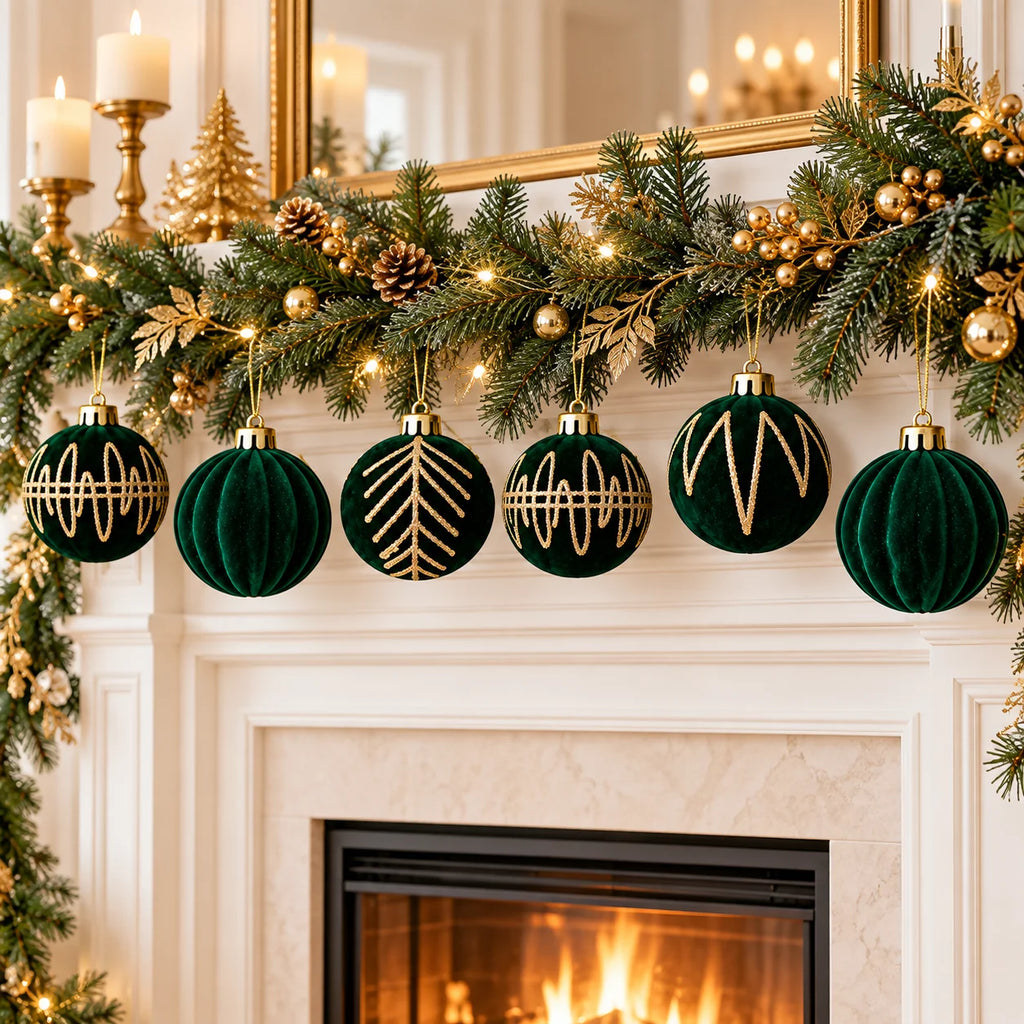 Conjunto de 12 Bolas de Natal em Veludo Verde Esmeralda e Dourado - 6 cm