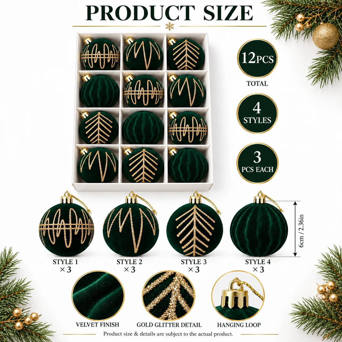 Conjunto de 12 Bolas de Natal em Veludo Verde Esmeralda e Dourado - 6 cm