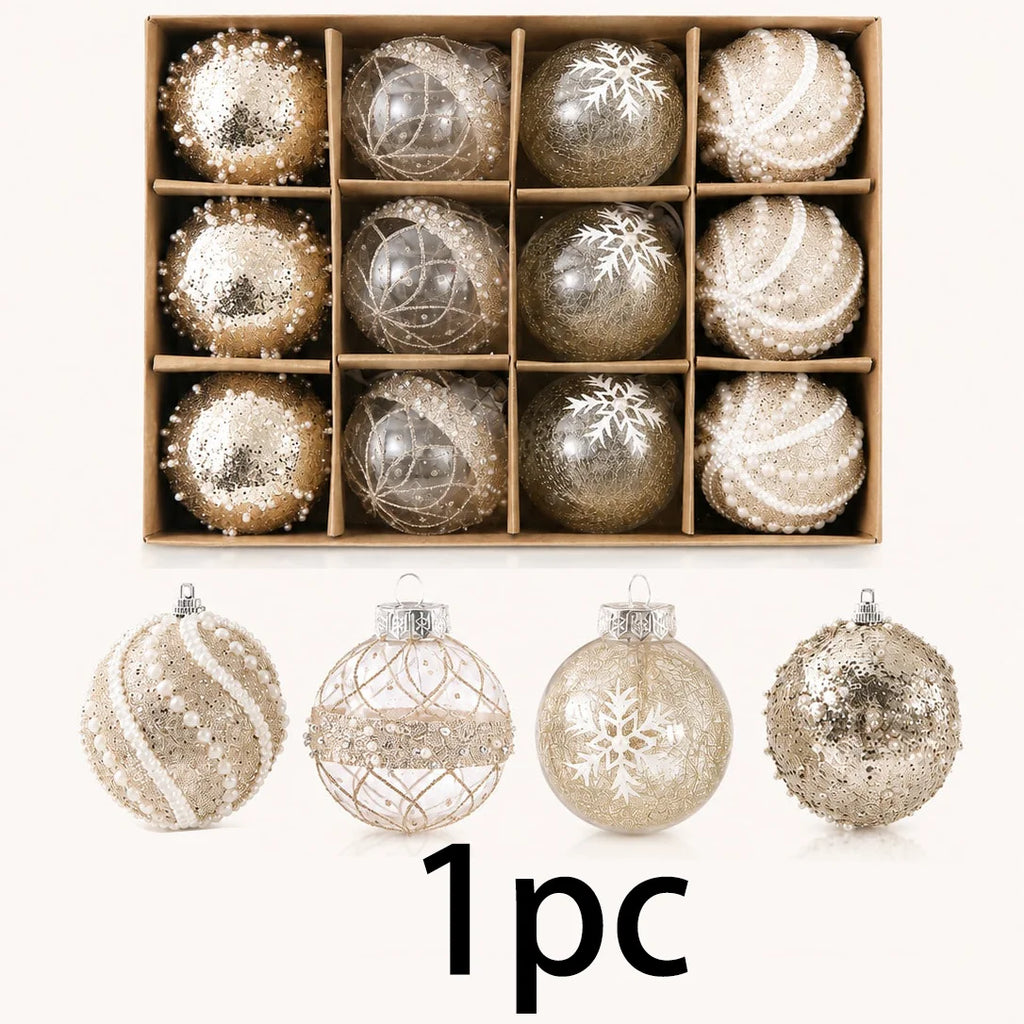 Conjunto de 12 Bolas de Natal Dourado Champanhe - 4 Estilos