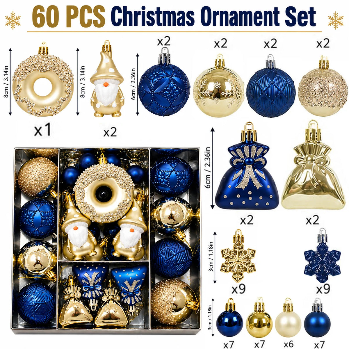 Conjunto de 60 Enfeites de Natal Azul e Dourado para Àrvore