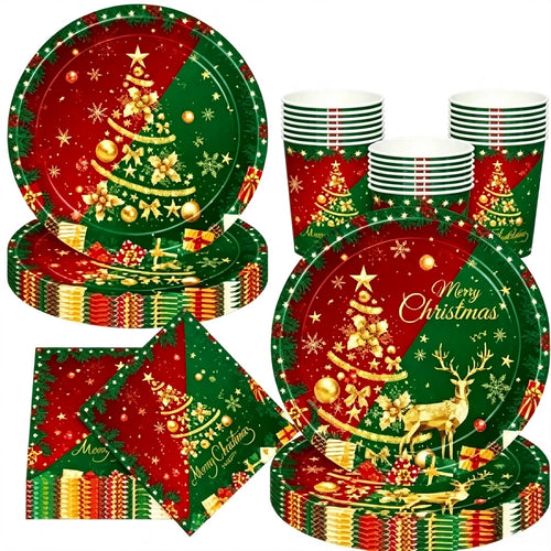 Conjunto de Mesa Descartável de Natal - Pratos, Copos e Guardanapos
