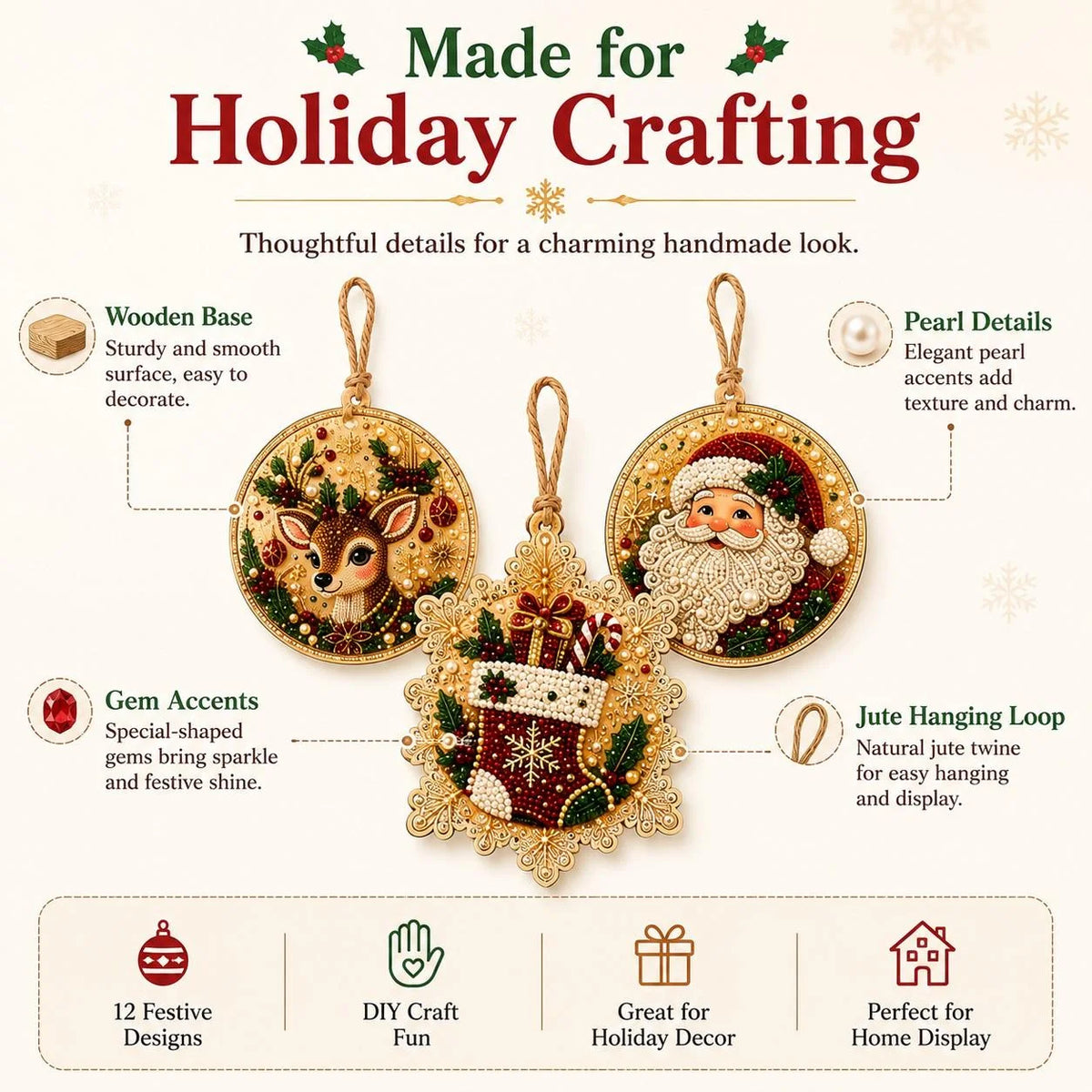 Kit DIY de Ornamentos de Natal em Madeira – Pintura de Diamantes