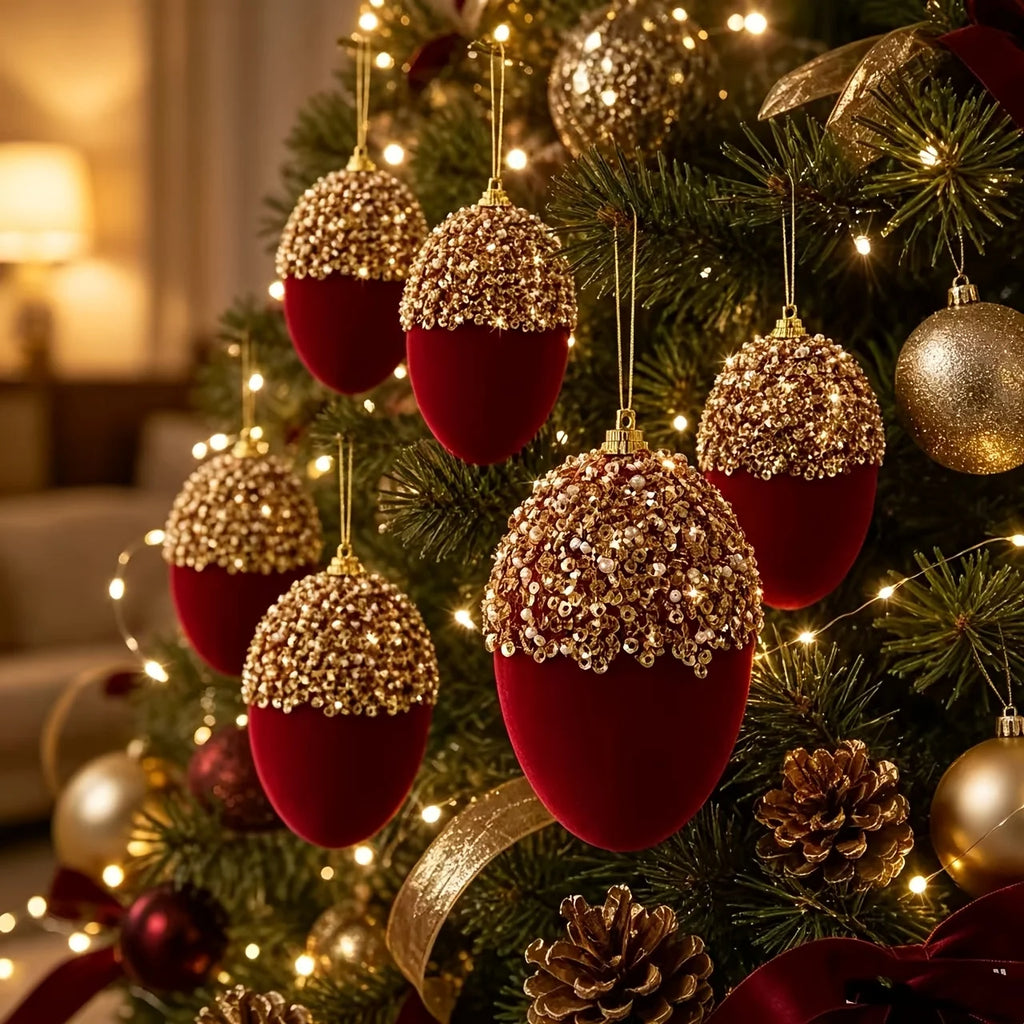 Conjunto de 4 Bolas de Natal Bordô com Brilho e Coroa Decorativo