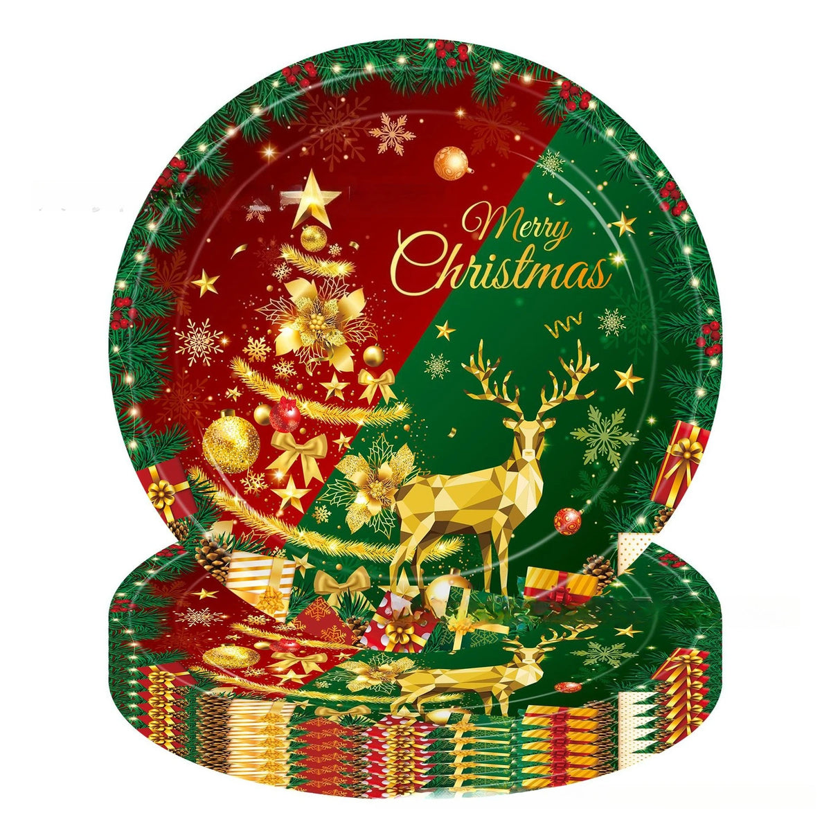 Conjunto de Mesa Descartável de Natal - Pratos, Copos e Guardanapos