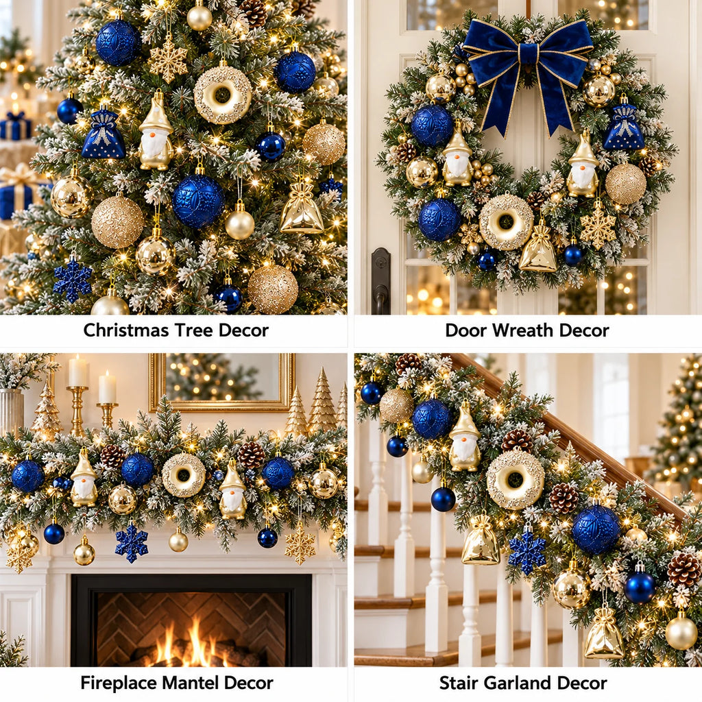 Conjunto de 60 Enfeites de Natal Azul e Dourado para Àrvore