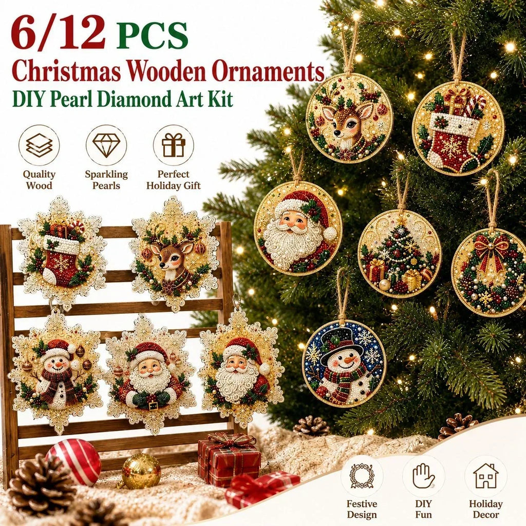 Kit DIY de Ornamentos de Natal em Madeira – Pintura de Diamantes