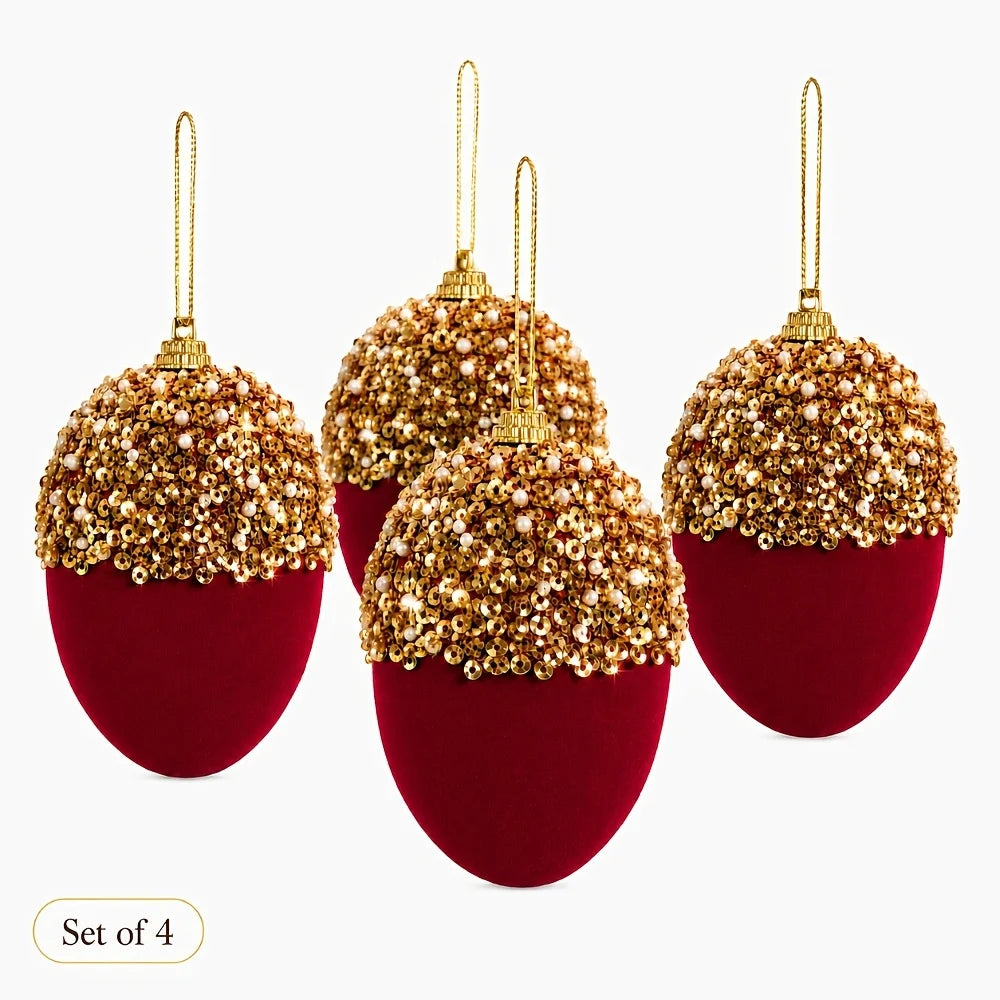 Conjunto de 4 Bolas de Natal Bordô com Brilho e Coroa Decorativo