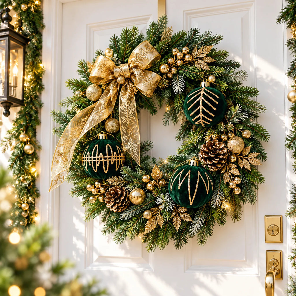 Conjunto de 12 Bolas de Natal em Veludo Verde Esmeralda e Dourado - 6 cm