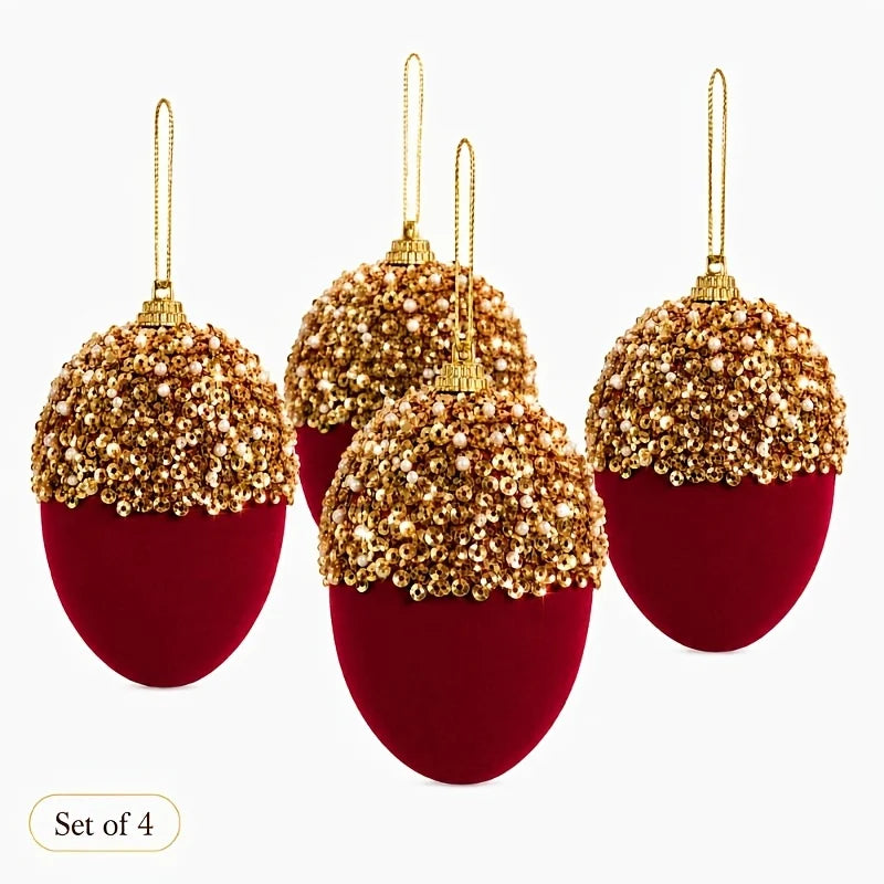 Conjunto de 4 Bolas de Natal Bordô com Brilho e Coroa Decorativo