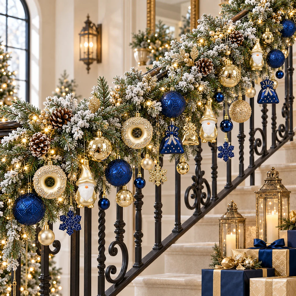 Conjunto de 60 Enfeites de Natal Azul e Dourado para Àrvore
