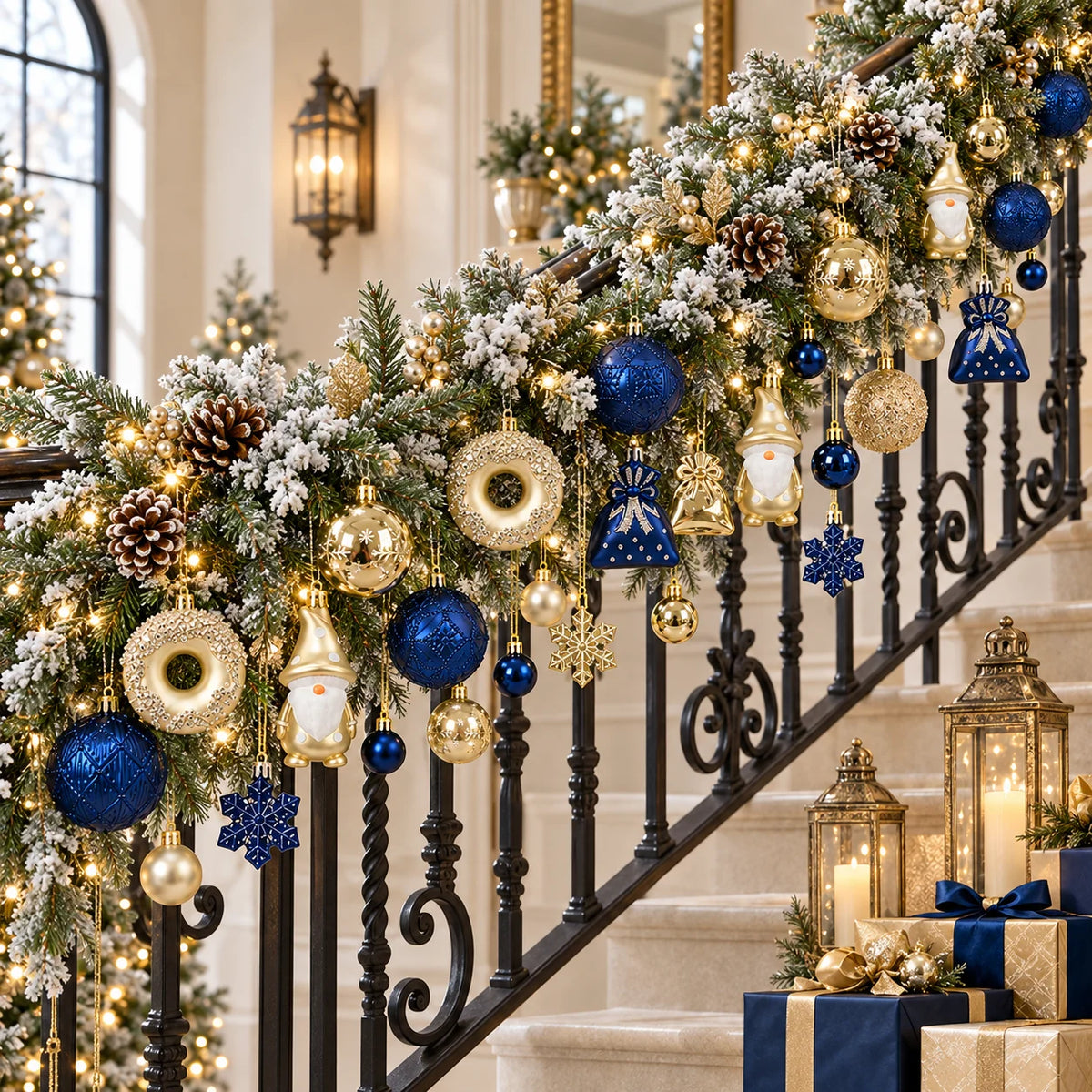 Conjunto de 60 Enfeites de Natal Azul e Dourado para Àrvore
