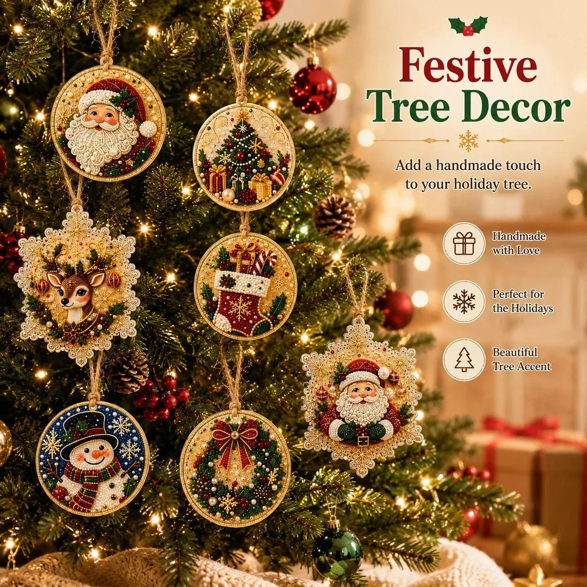 Kit DIY de Ornamentos de Natal em Madeira – Pintura de Diamantes