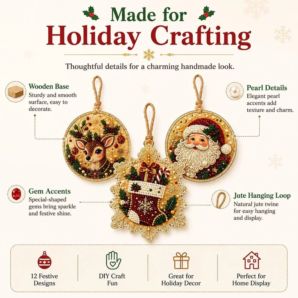 Kit DIY de Ornamentos de Natal em Madeira – Pintura de Diamantes