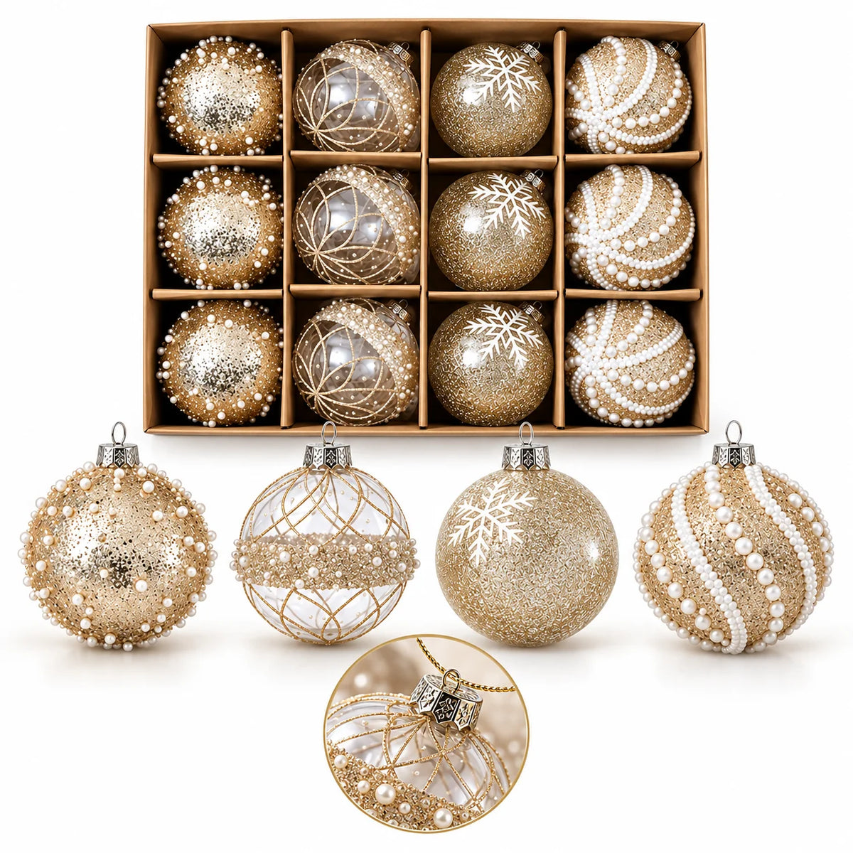 Conjunto de 12 Bolas de Natal Dourado Champanhe - 4 Estilos