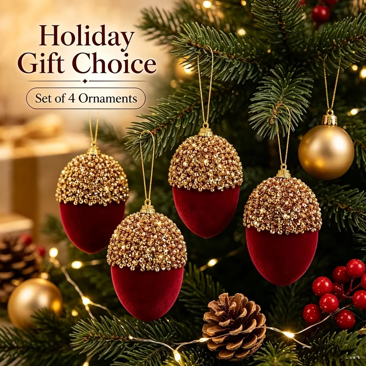 Conjunto de 4 Bolas de Natal Bordô com Brilho e Coroa Decorativo
