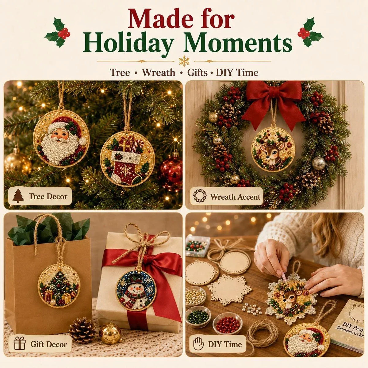 Kit DIY de Ornamentos de Natal em Madeira – Pintura de Diamantes