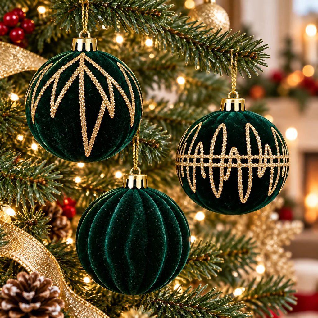 Conjunto de 12 Bolas de Natal em Veludo Verde Esmeralda e Dourado - 6 cm