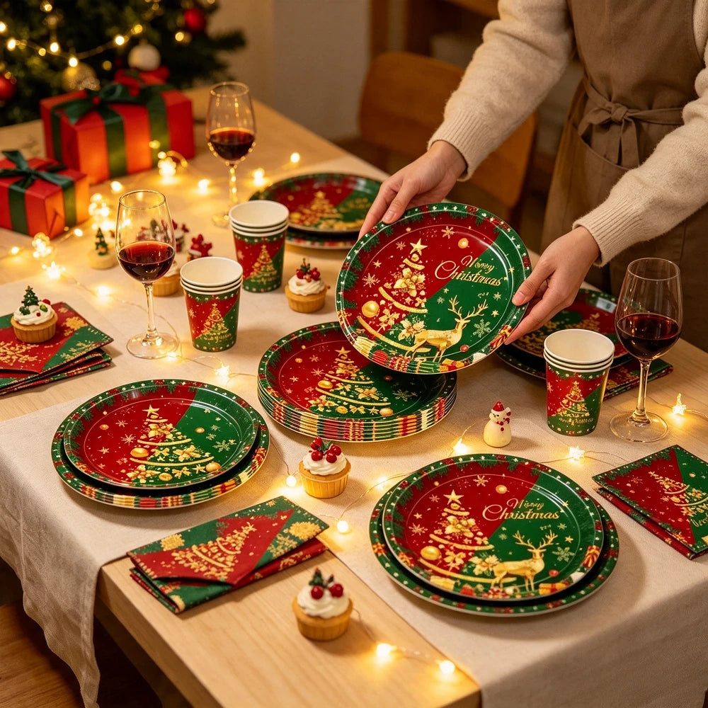 Conjunto de Mesa Descartável de Natal - Pratos, Copos e Guardanapos