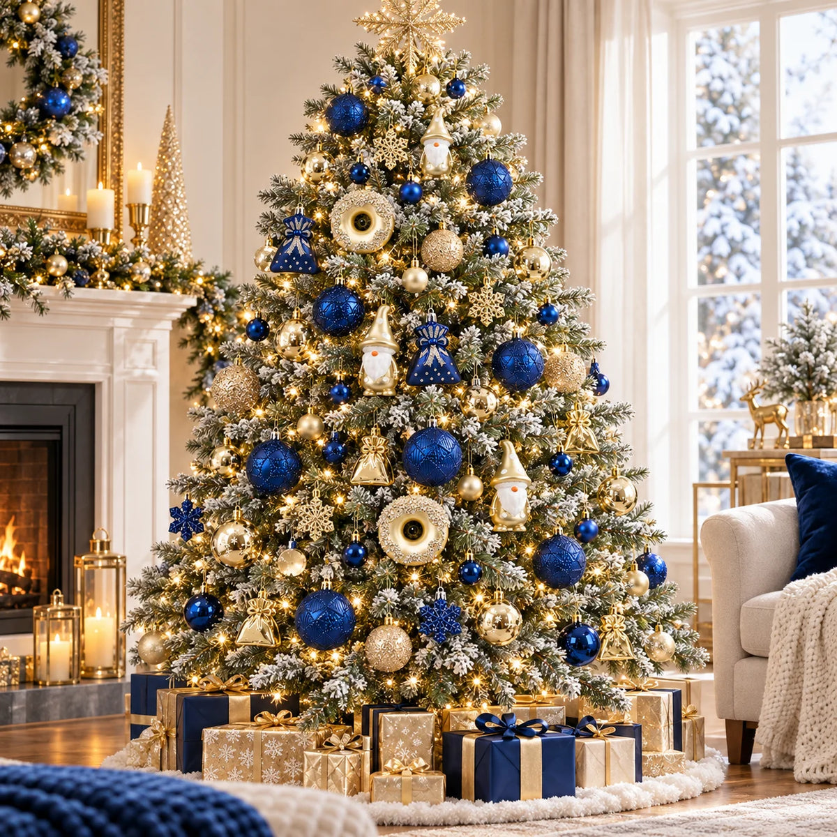 Conjunto de 60 Enfeites de Natal Azul e Dourado para Àrvore