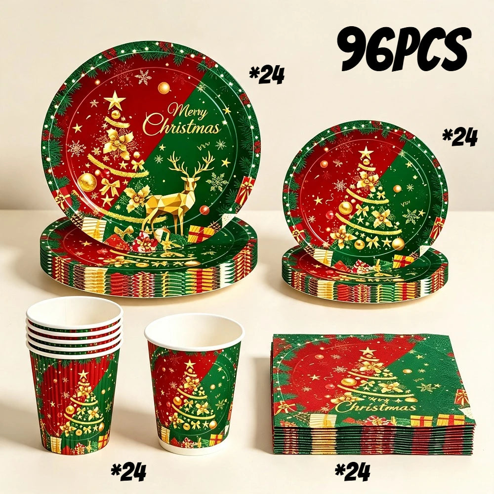 Conjunto de Mesa Descartável de Natal - Pratos, Copos e Guardanapos