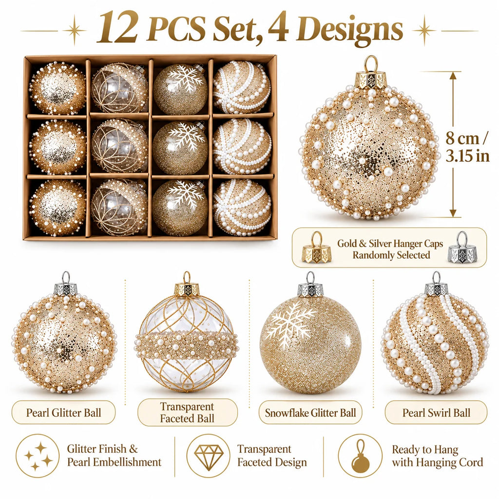 Conjunto de 12 Bolas de Natal Dourado Champanhe - 4 Estilos