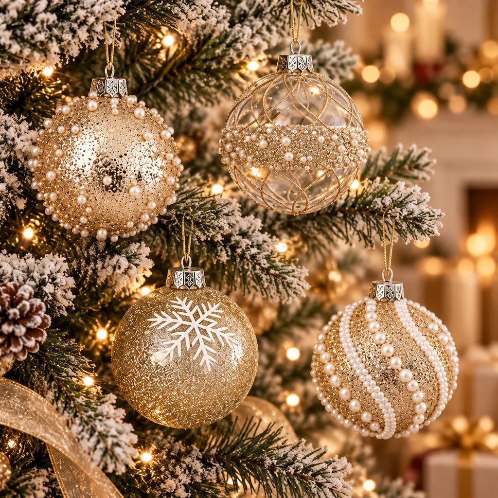 Conjunto de 12 Bolas de Natal Dourado Champanhe - 4 Estilos